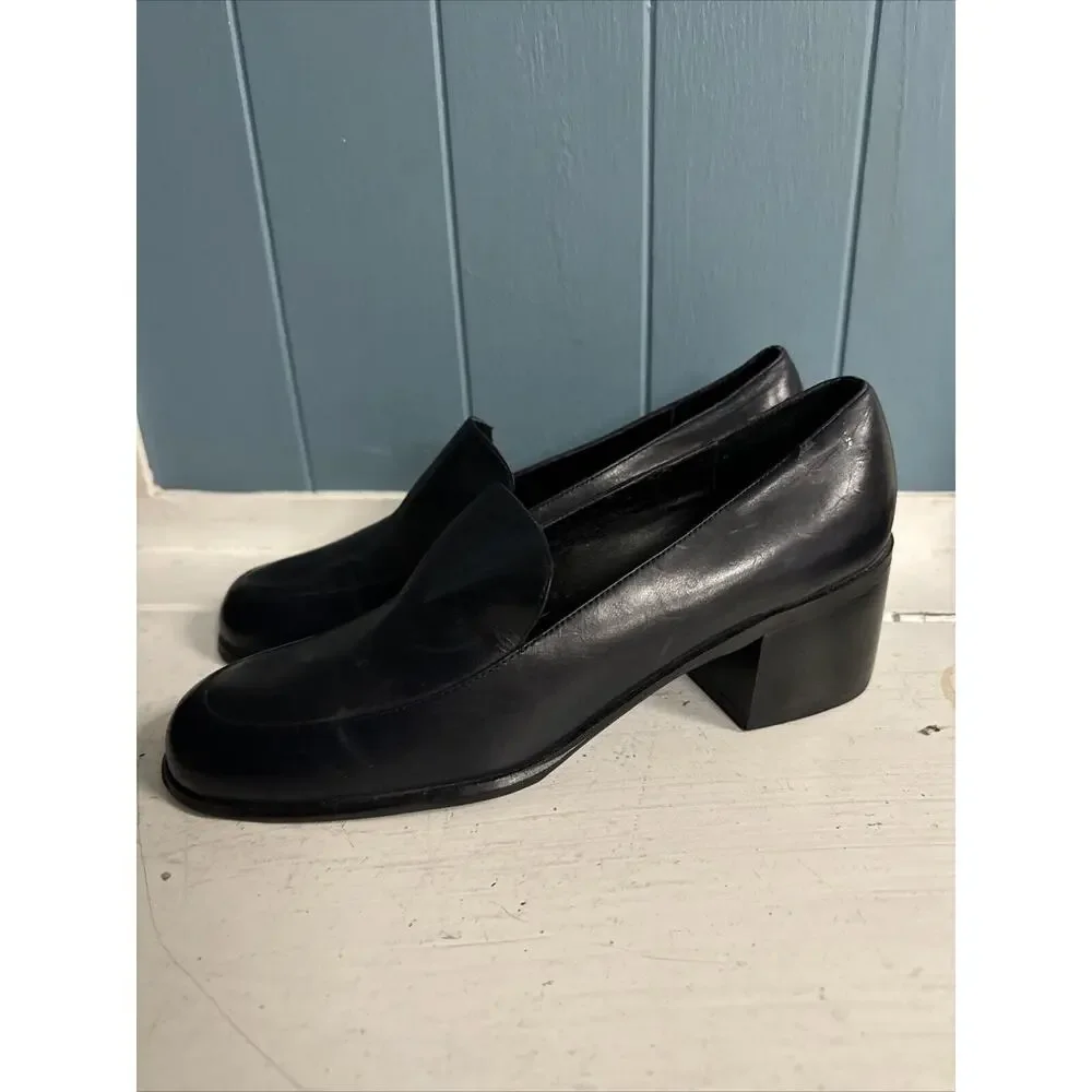 Vtg Y2K Liz‎ Claiborne Women’s 8.5N Narrow Loafers Navy Blue Leather Chunky Heel